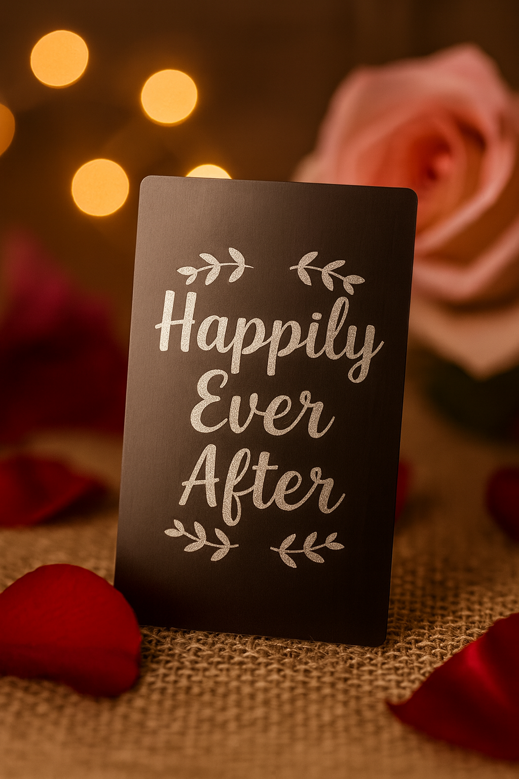 Decorative sign with 'Happily Ever After' text on a burlap surface with flowers and lights in the background.