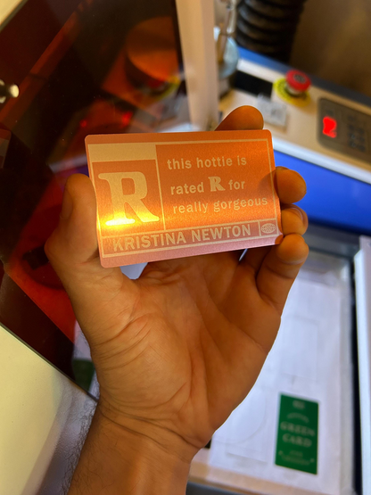 Laser engraved rating 'R' metal keepsake card 