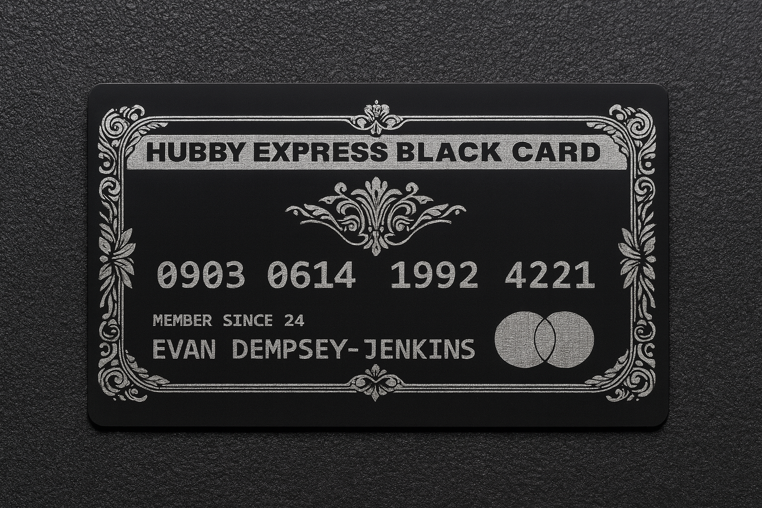 Black card with decorative border and text on a dark background