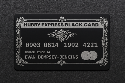 Black card with decorative border and text on a dark background