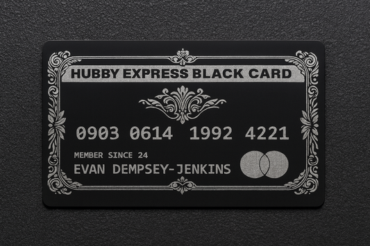Black card with decorative border and text on a dark background