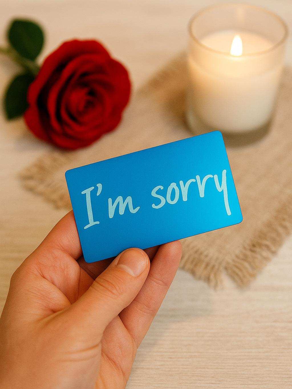 Hand holding a blue card with 'I'm sorry' text, next to a red rose and lit candle on a cloth surface.