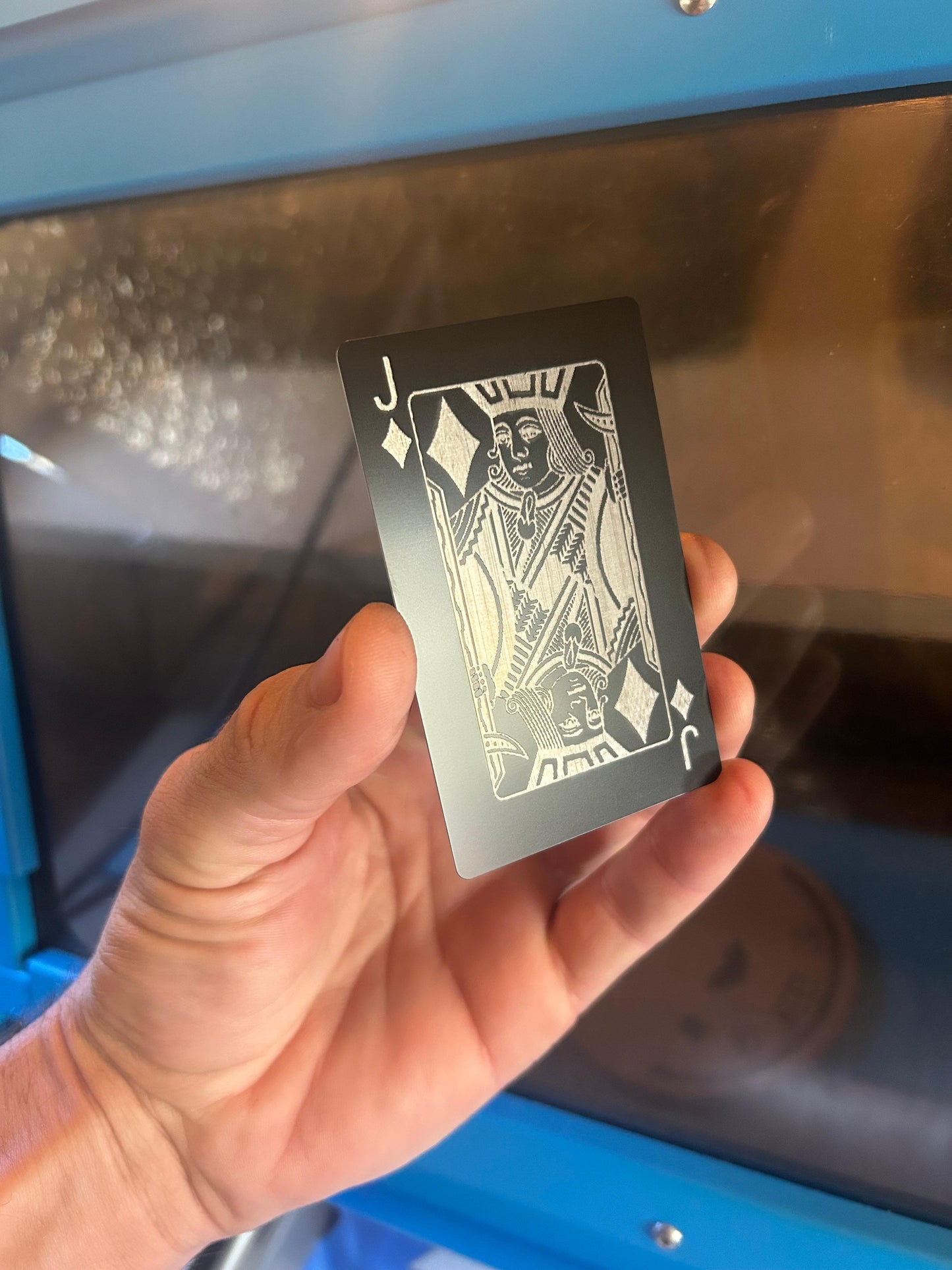 Laser engraved Jack of Diamonds playing card in black/silver