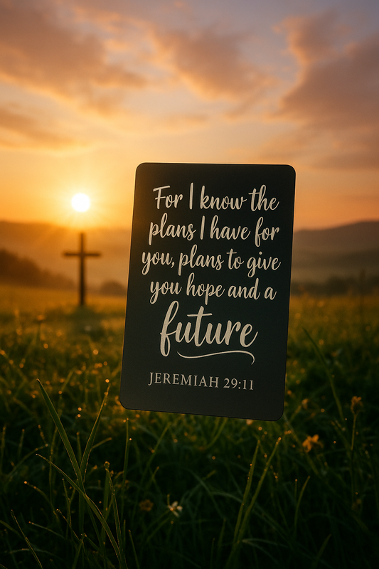 Black plaque with Bible verse against a sunset landscape with cross