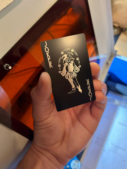 Metal Joker poker card keepsake laser engraved in Black/Silver