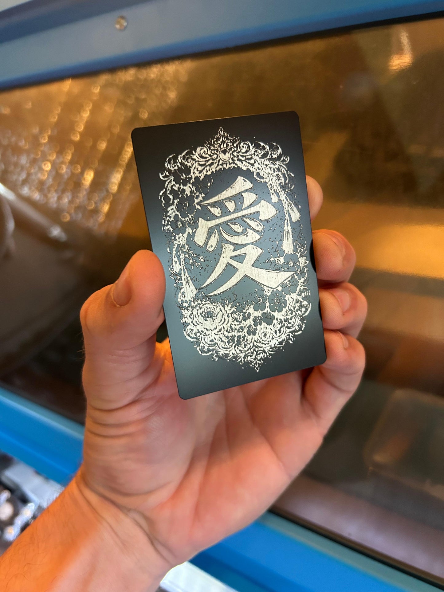 Laser engraved japanese kanji for "Love"