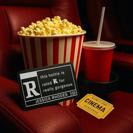 Personalized gift card -- rated R keepsake with opcorn bucket, red cup with straw, and movie ticket on a red couch