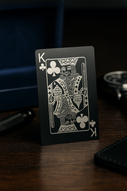 Black and silver metal playing card with a king of clubs laser engraved design on a wooden surface