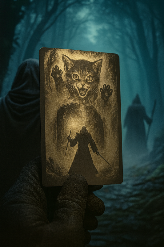 Metal gag gift card with a cat illustration held by a gloved hand against a mystical background