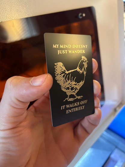 Funny farmhouse gift card engraved with chicken graphic and humorous text