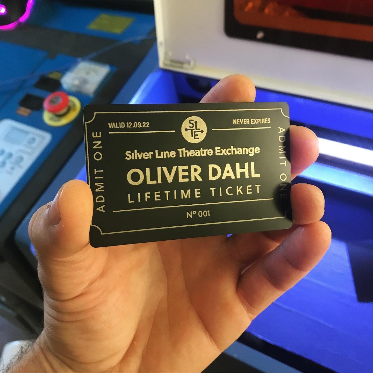 Metal lifetime ticket card with personalized text and laser engraved design