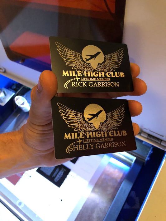 Metal gag gift keepsake card with Mile High Club and personalized name engraving