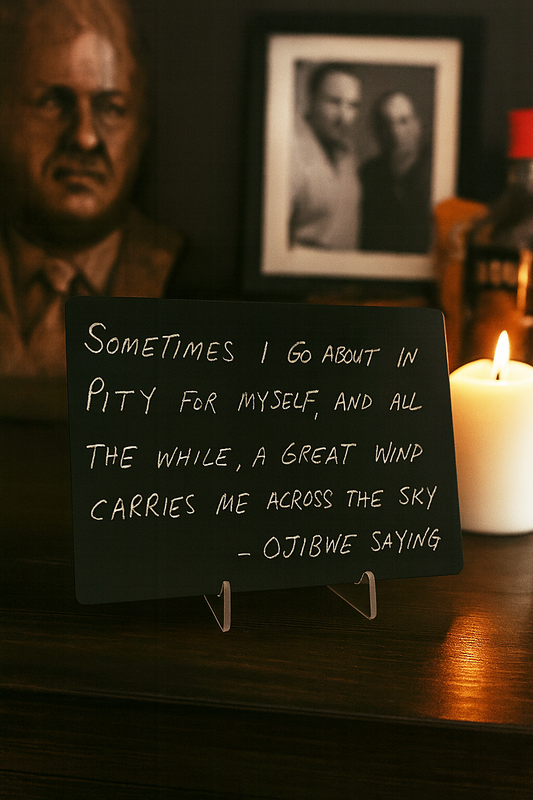 Black metal plaque with Ojibwe quote on a table with a candle and portraits in the background