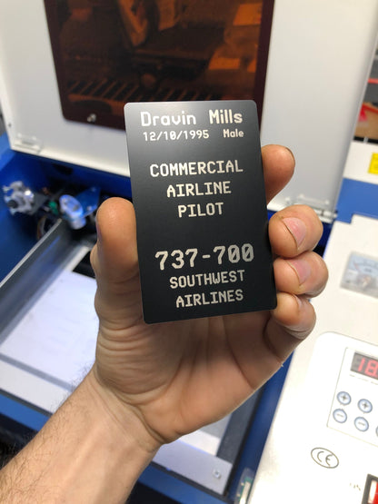 Custom laser engraved metal pilot's license, with personalized text