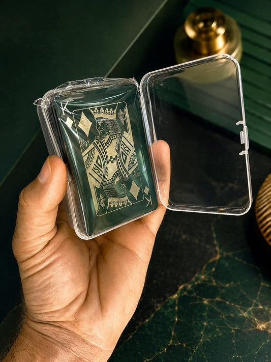 Laser engraved complete metal playing card deck with King of Diamonds on top, shown in black/silver