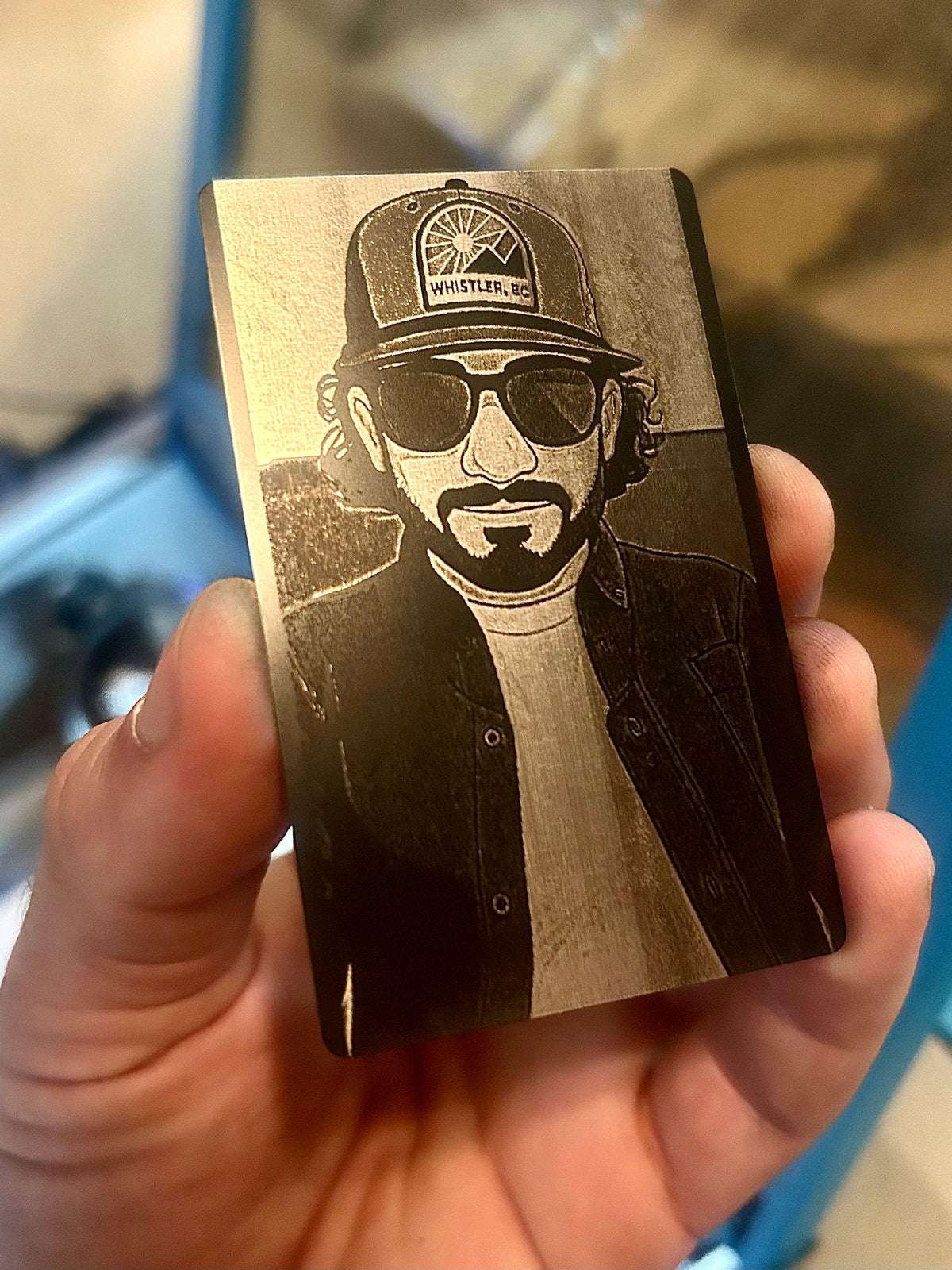 Laser engraved custom photograph card in black/silver anodized aluminum 