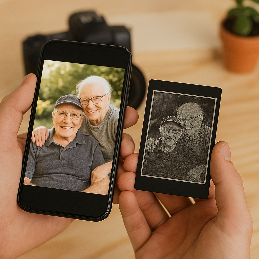 A photo of a married couple engraved on metal gift card, and photo on iphone demonstrating quality