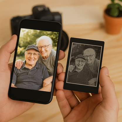 A photo of a married couple engraved on metal gift card, and photo on iphone demonstrating quality