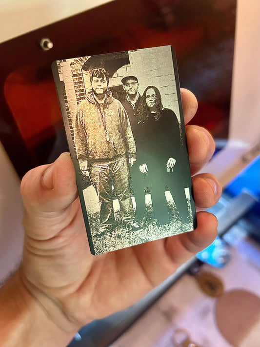 Laser engraved metal portrait engraving, custom photo laser engraving in black/silver anodized aluminum