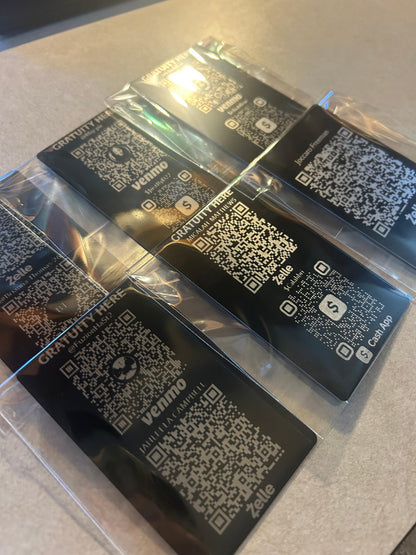 Laser engraved metal digital payment card with scannable QR codes in black/silver