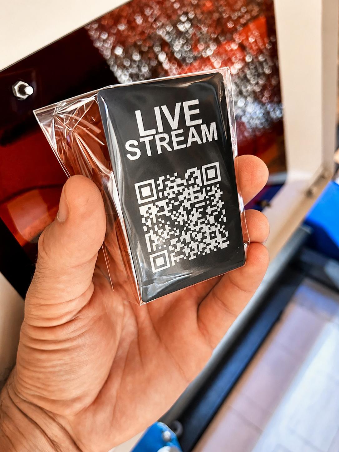 Metal black/silver QR Code card with personalized QR code and title laser engraved in anodized aluminum