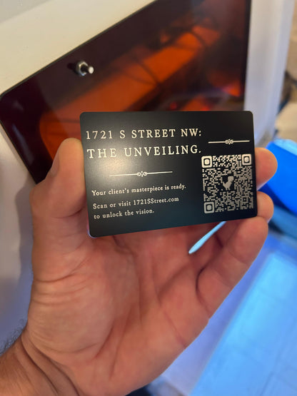Laser engraved metal reality company business card with scannable qr code in black/silver anodized aluminum