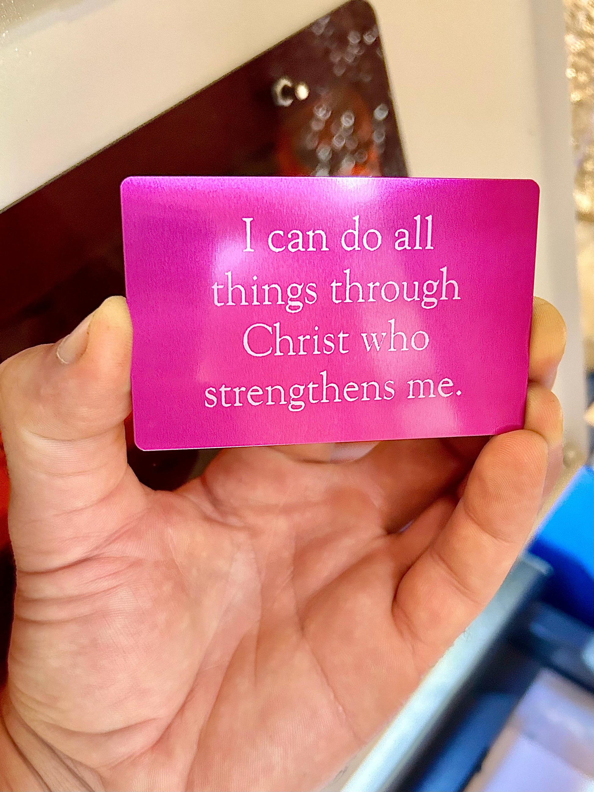 I can do all things through Christ who strengthens me, laser engraved metal religious gift card in purple/silver
