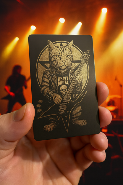 Metal novelty card with a cat playing 7 string guitar design held by a hand against a stage-like background.