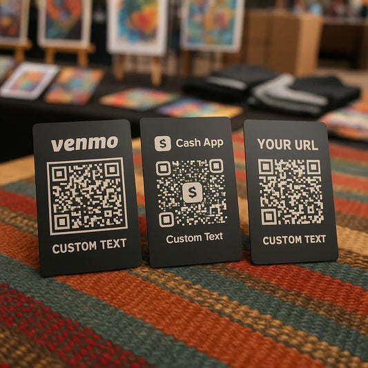 Three black cards with QR codes for Venmo, Cash App, and a customizable URL on a colorful fabric background.