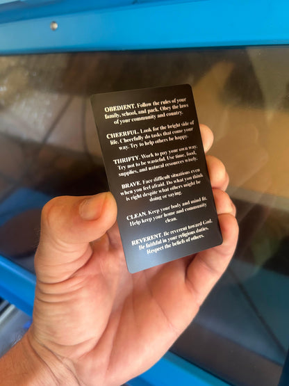 Laser engraved memorization 12 points of scout law flash card in black/silver