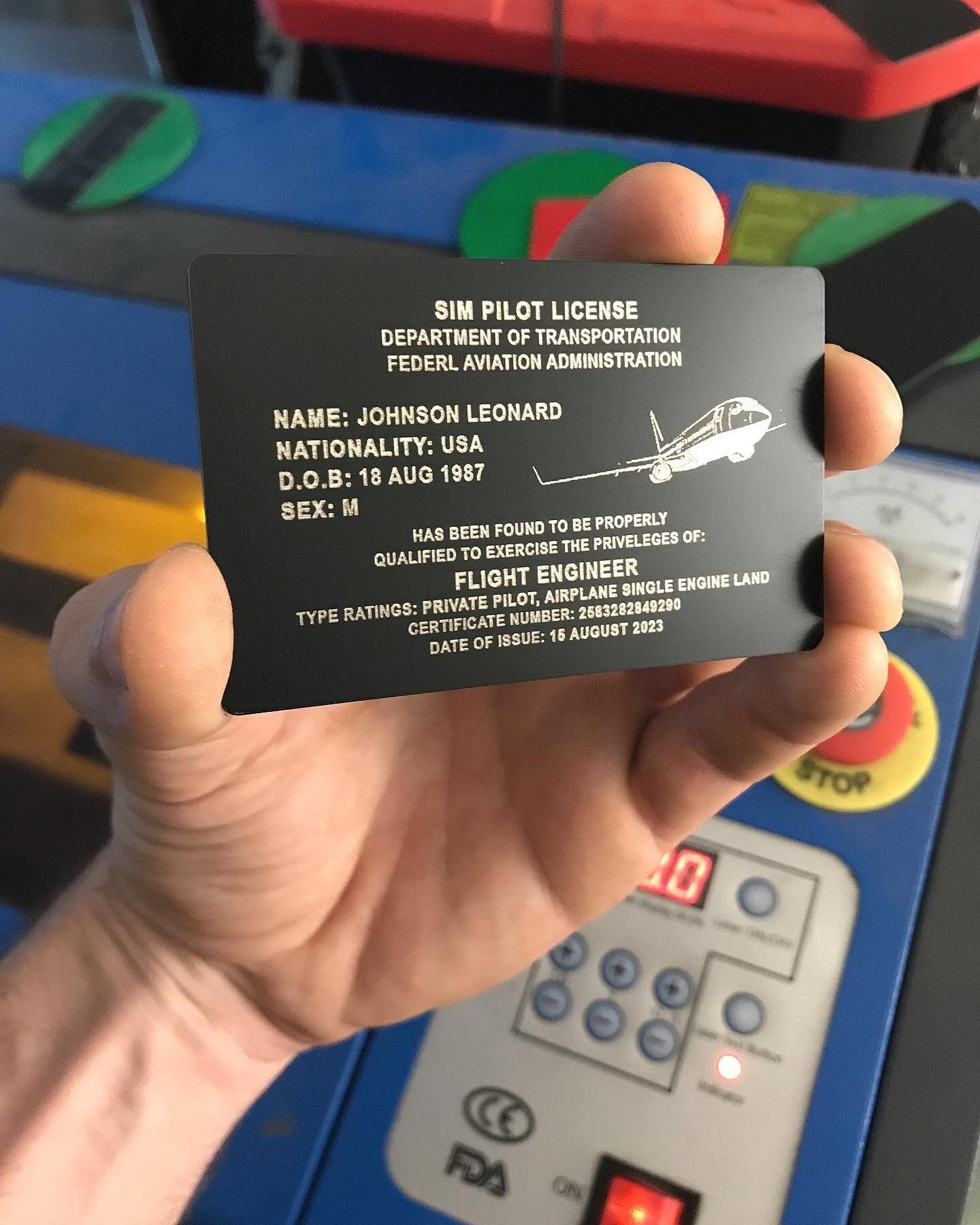 Metal sim pilot license card with personalized text engraving