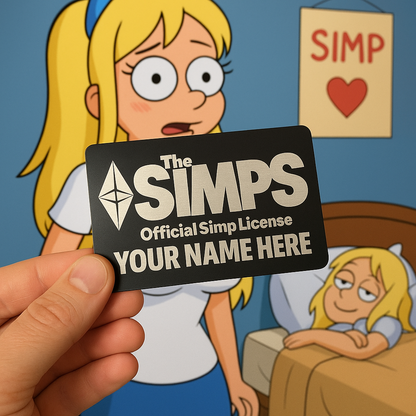 Metal Sarcastic Gift Card with 'The SIMPS' branding held in front of an character background