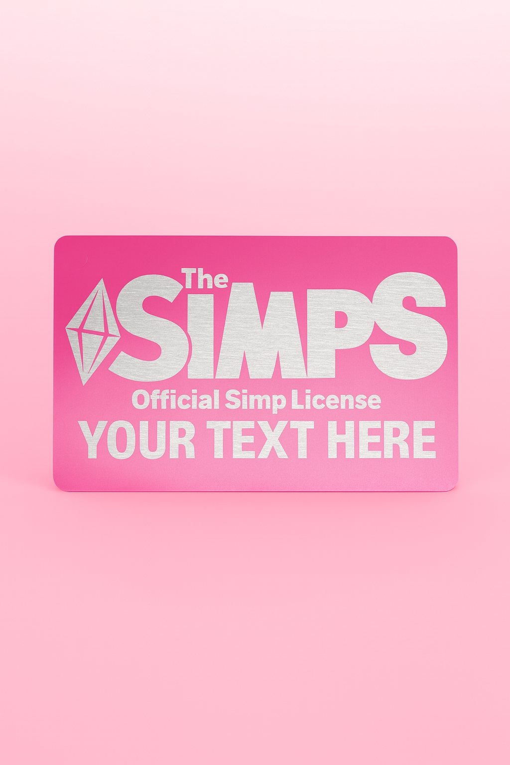 Rose gold metal card with 'The SIMPS' logo and text space on a pink background