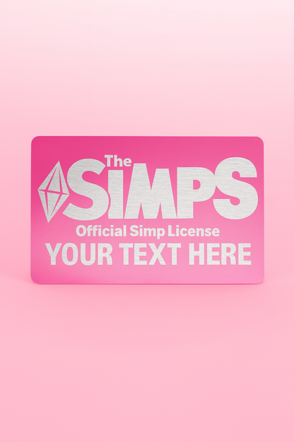 Rose gold metal card with 'The SIMPS' logo and text space on a pink background