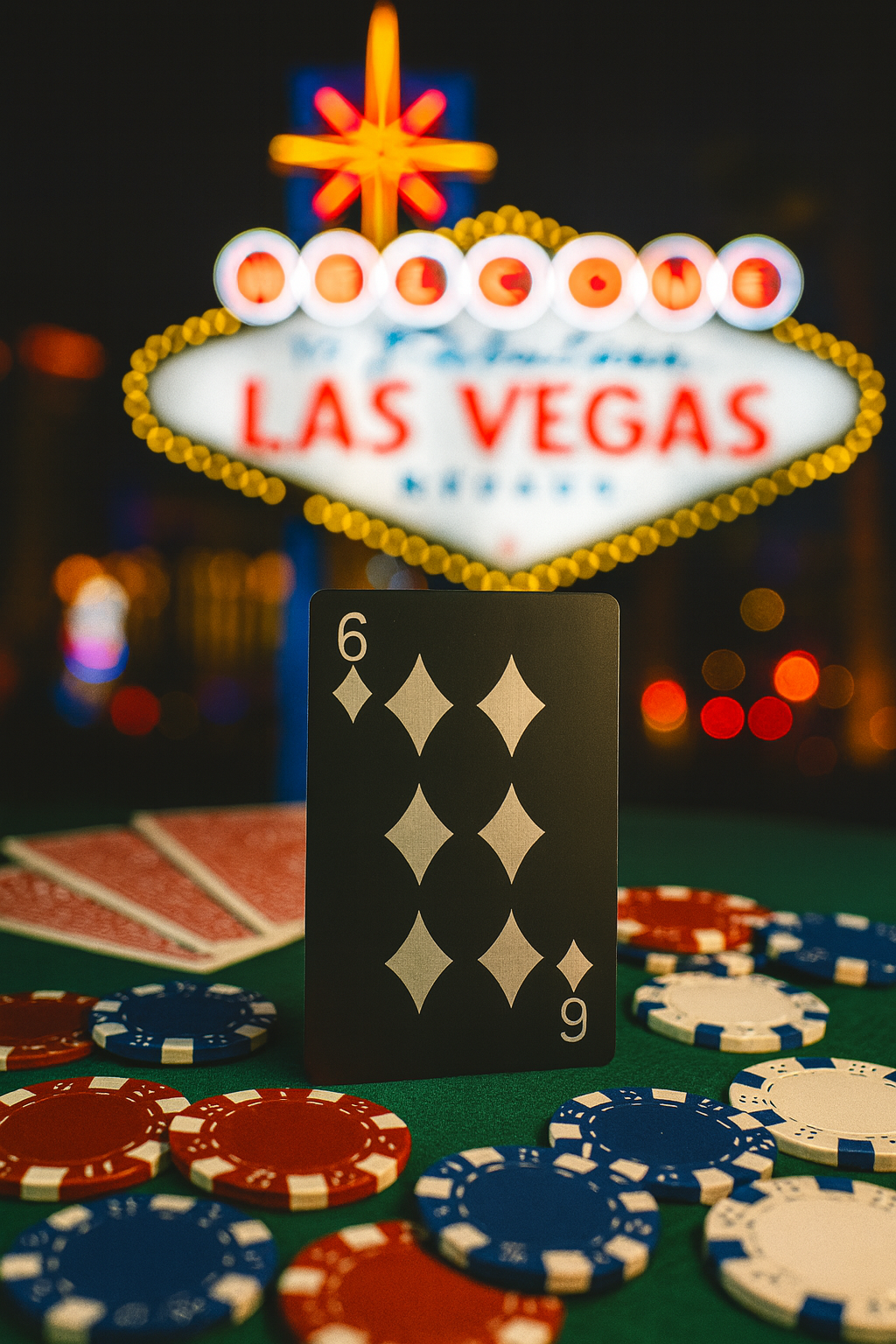 Metal poker Card with six of diamonds symbol laser engraving and Las Vegas sign in the background