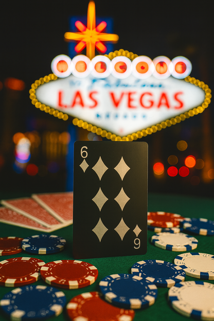 Metal poker Card with six of diamonds symbol laser engraving and Las Vegas sign in the background
