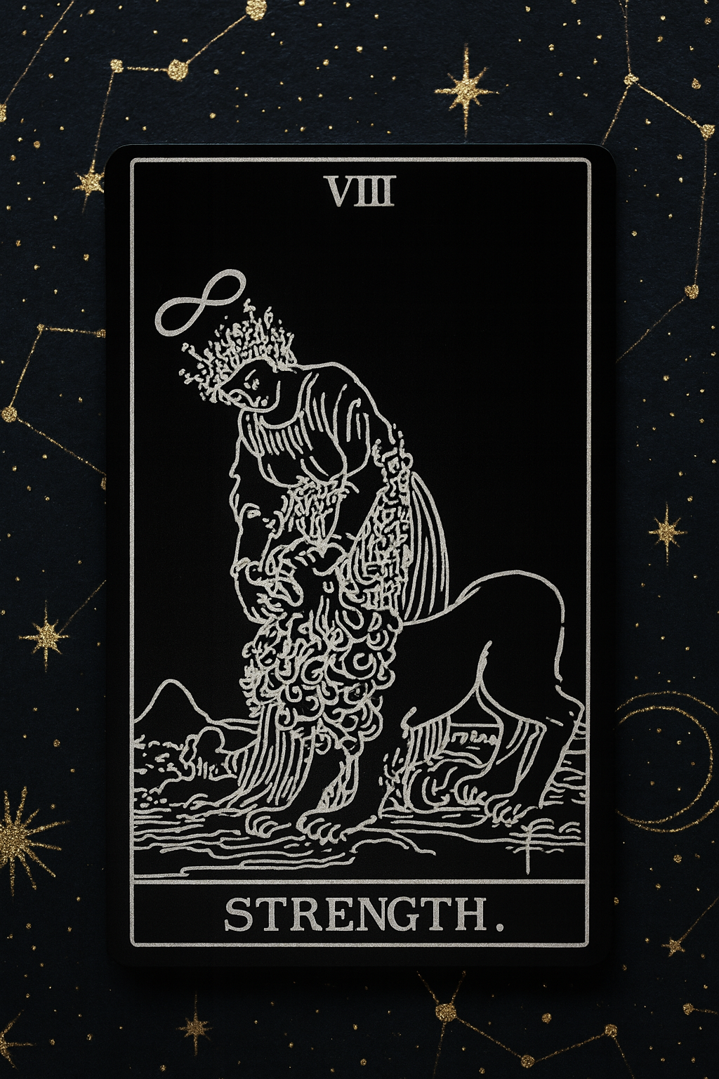 Metal tarot card featuring a lion and a woman with the word 'Strength' on a dark background with star patterns.