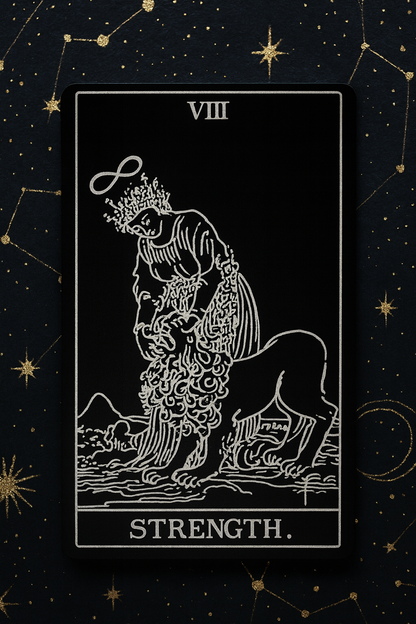 Metal tarot card featuring a lion and a woman with the word 'Strength' on a dark background with star patterns.