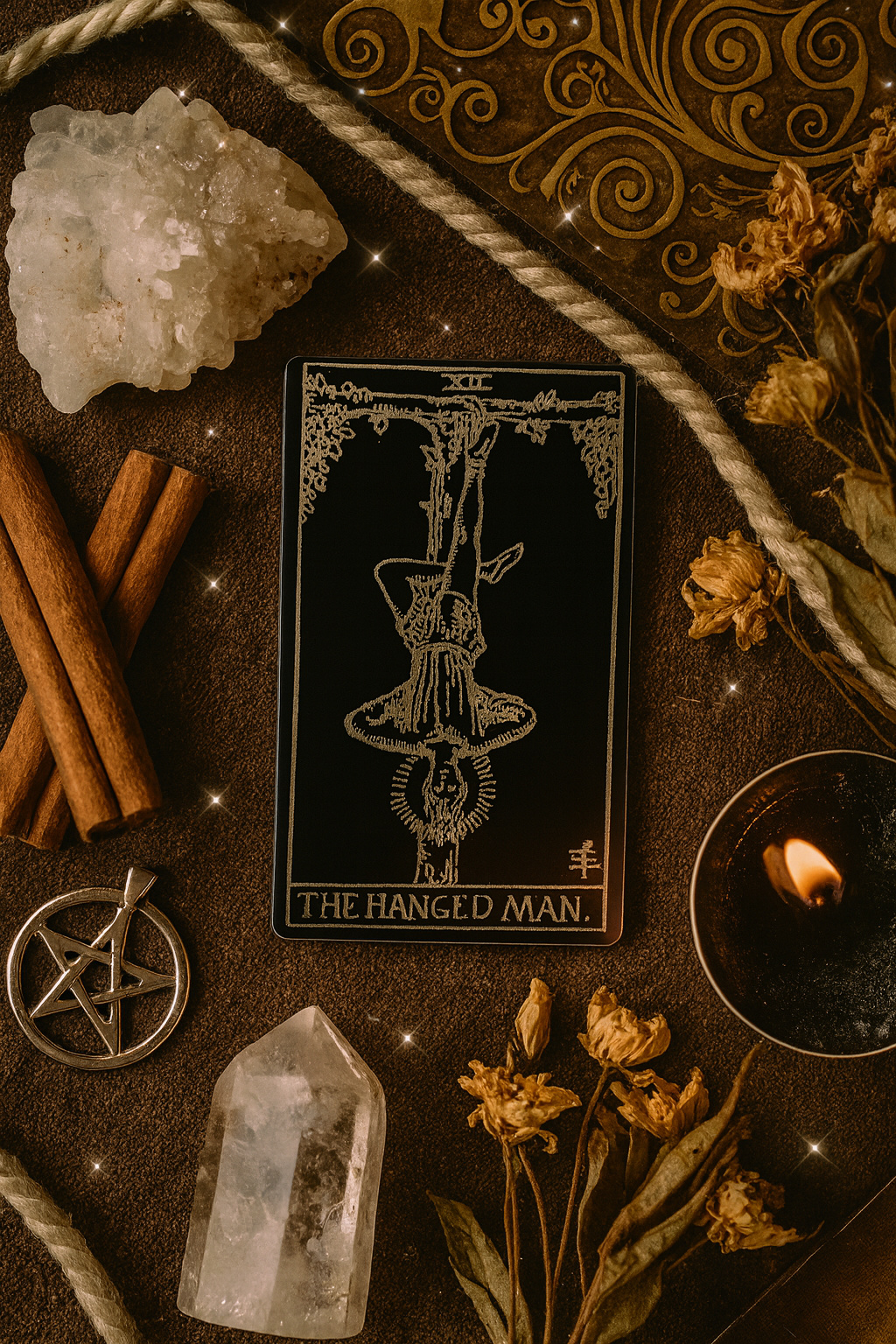 Metal tarot card 'The Hanged Man' surrounded by crystals, candles, and herbs on a dark surface.