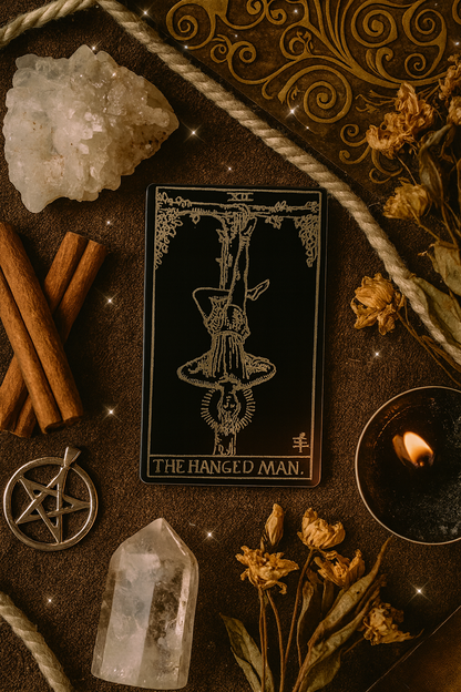 Metal tarot card 'The Hanged Man' surrounded by crystals, candles, and herbs on a dark surface.