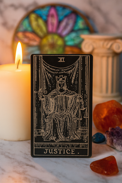 Tarot metal card featuring the 'Justice' symbol with a candle and crystals in the background