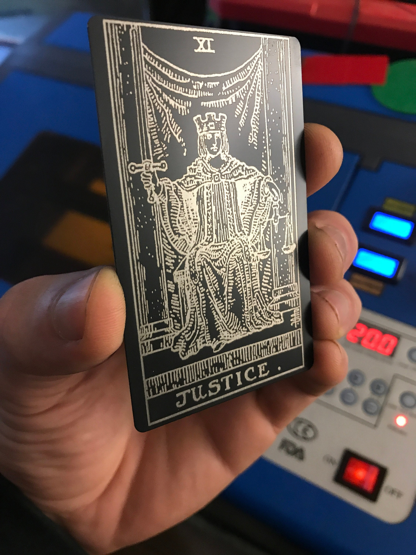 Metal Justice tarot card laser engraved gift in black/silver