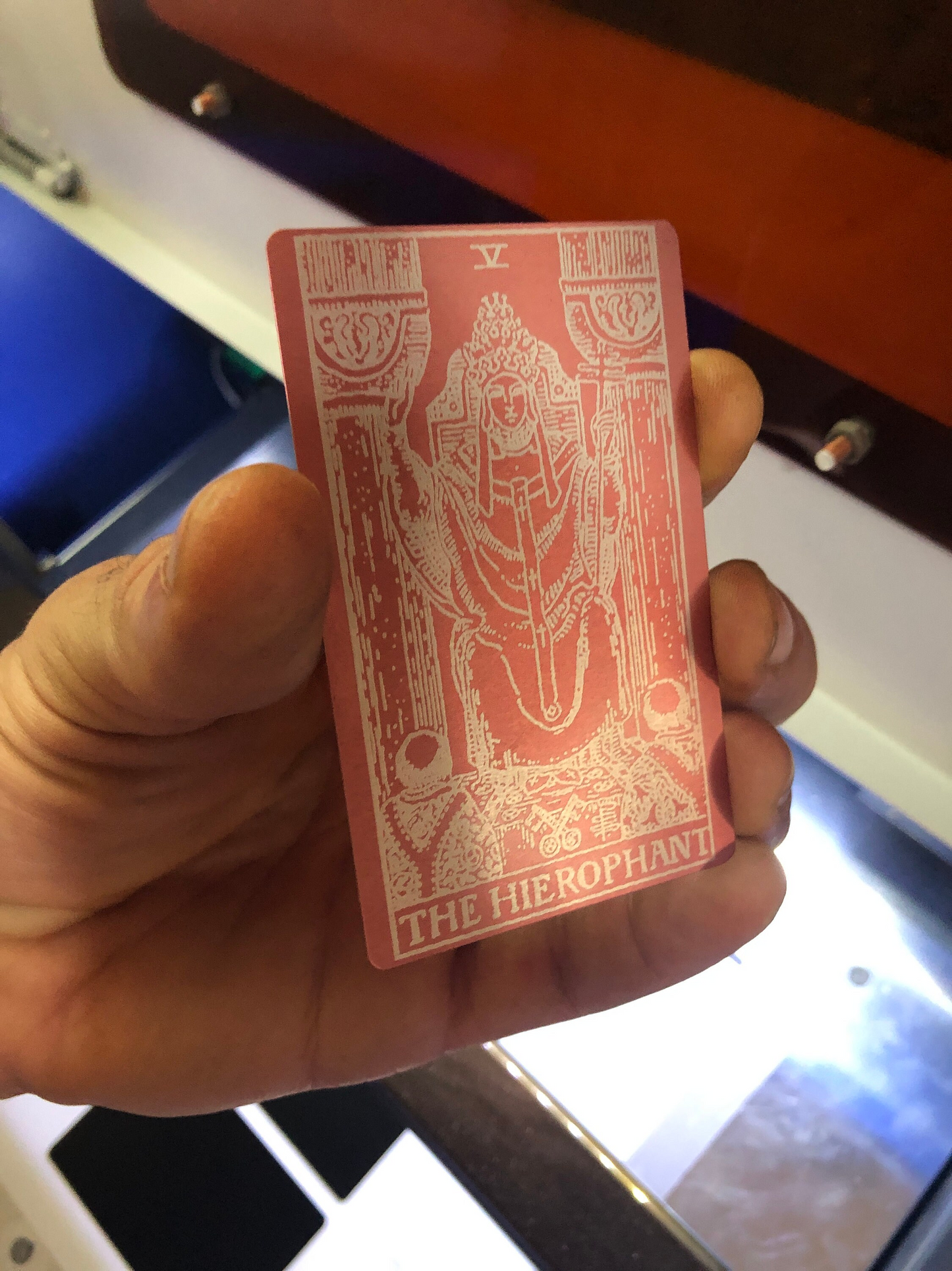 Rose gold/silver metal tarot card with intricate The Hierophant design