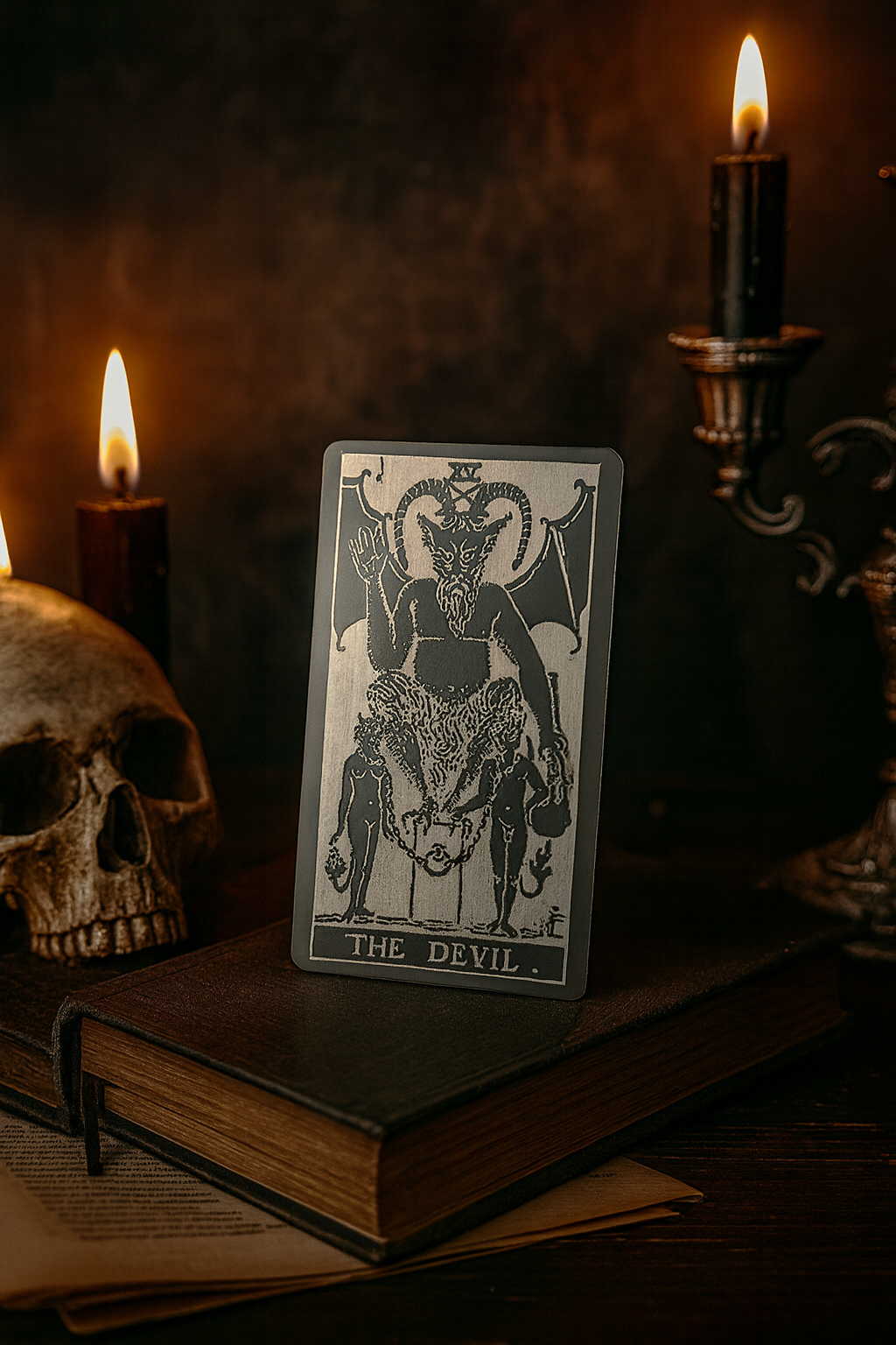 Metal tarot card titled 'The Devil' on a book with candles and a skull in a dark setting