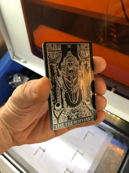 Laser engraved metal tarot card The Hierophant design