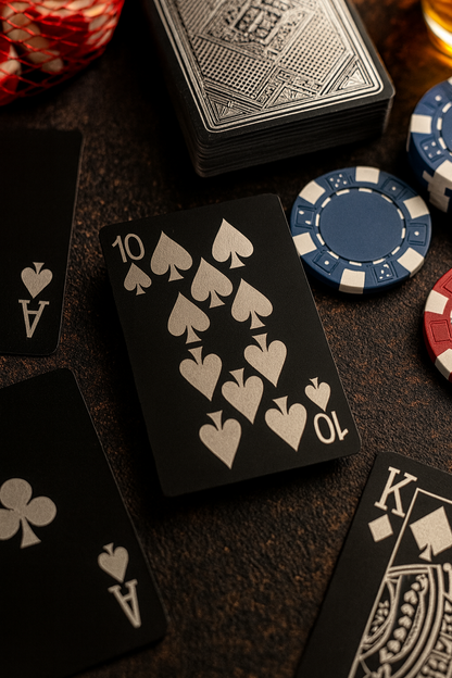 Black metal playing cards with silver 10 of spades laser engraved on a dark surface with poker chips.