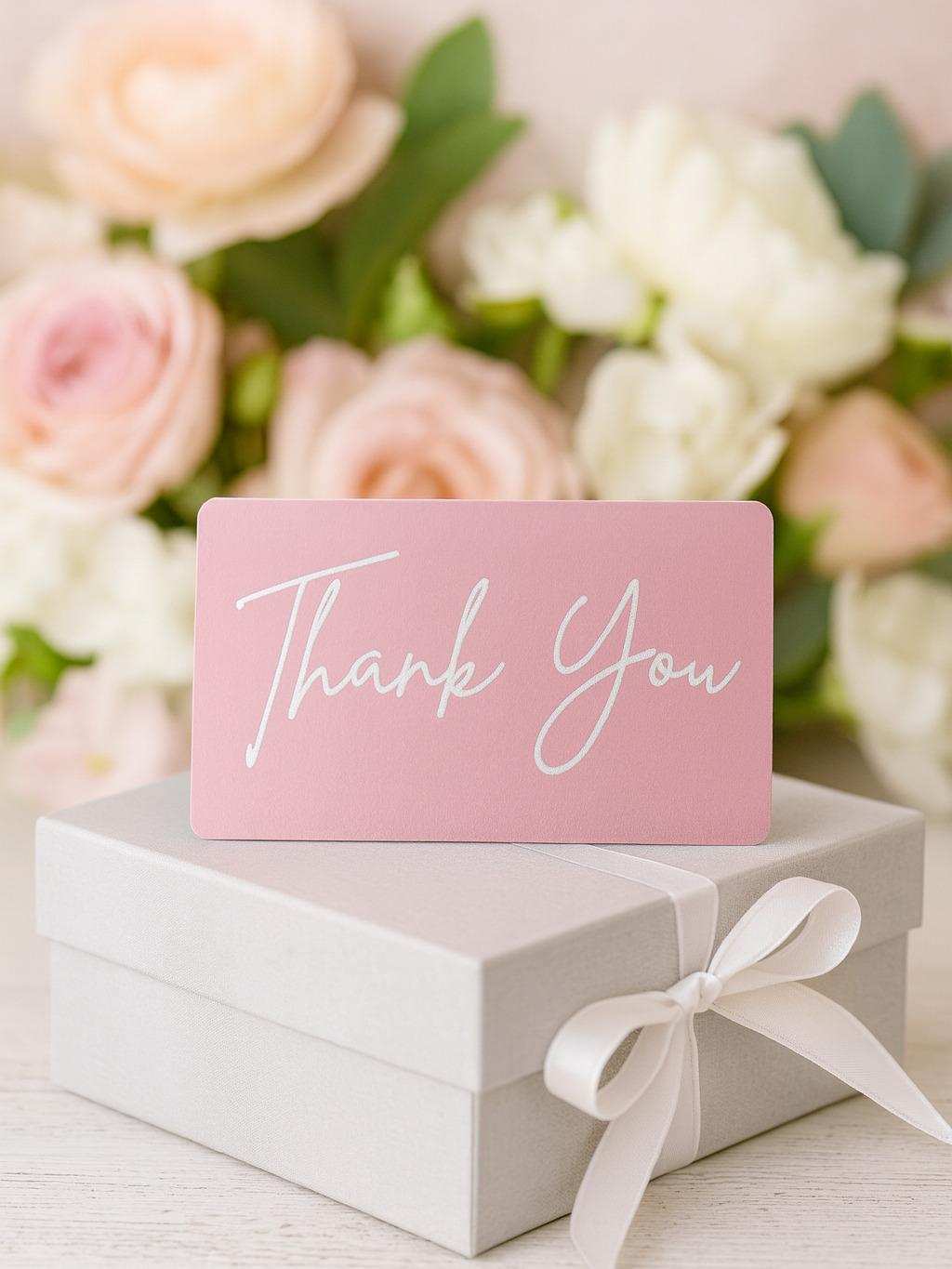 Pink 'Thank You' card on a white box with flowers in the background