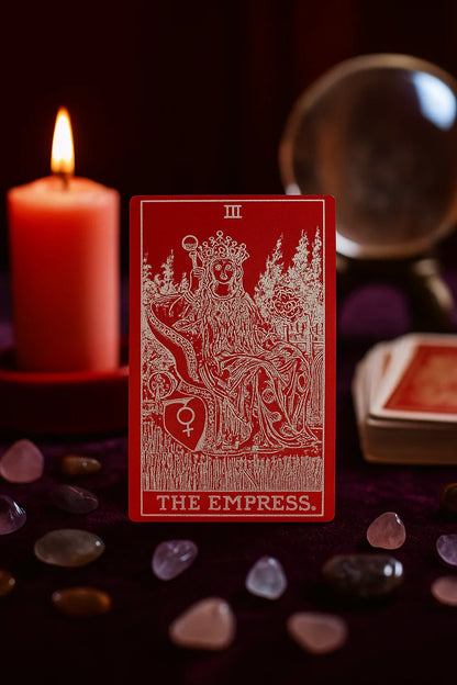 Red/silver metal tarot card featuring 'The Empress' with a candle, crystals, and a magnifying glass