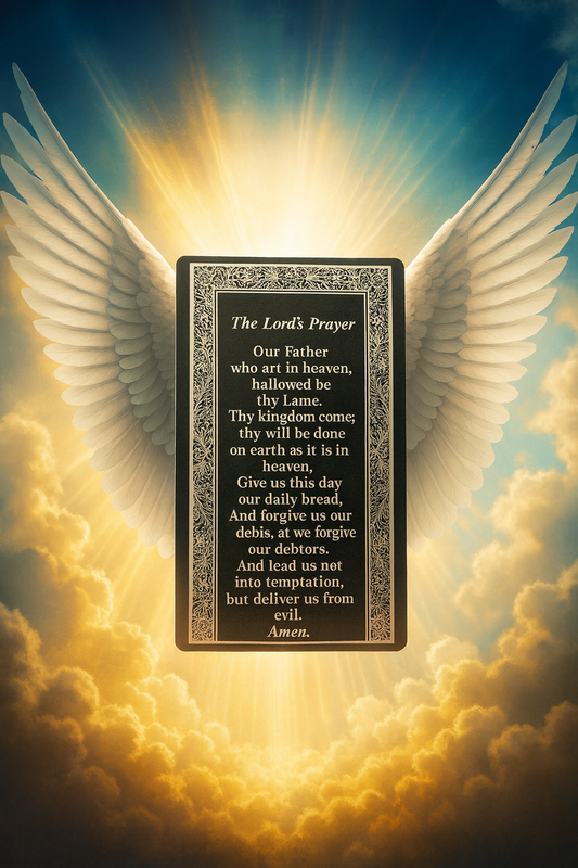 The Lord's Prayer metal gift card with angel wings and clouds in the background