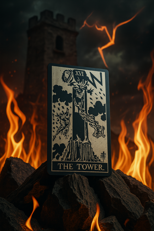 Metal Tarot card 'The Tower' with flames and a dark background